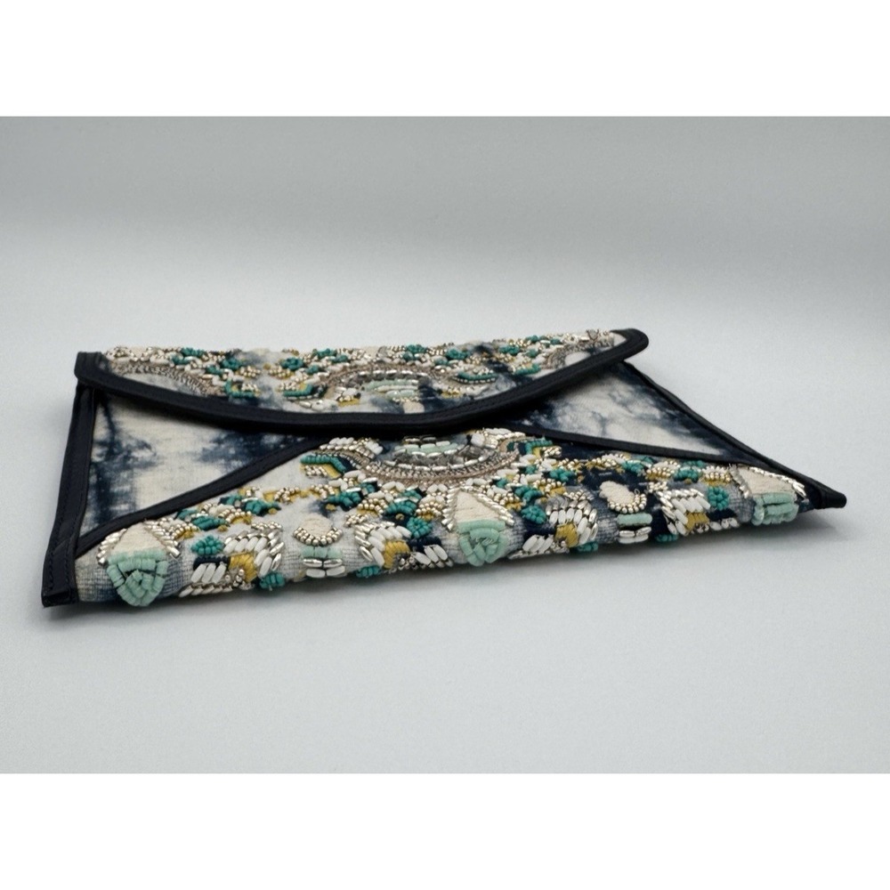 Rebecca Minkoff Beaded Tie Dye Envelope Clutch‎ Statement Boho Luxe Bag Indigo - Picture 4 of 10